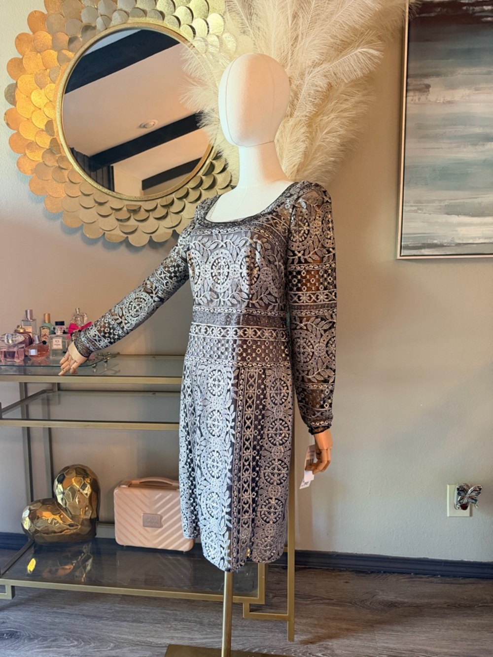 Kay Unger Silver Metallic and Gray Patterned Midi Dress